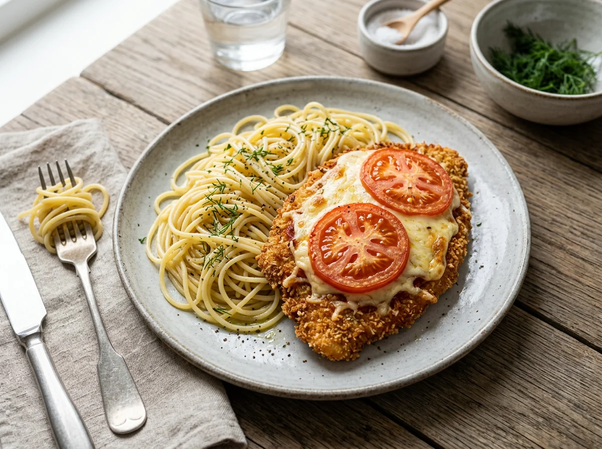 Шницель с сыром и помидорами со спагетти photo
