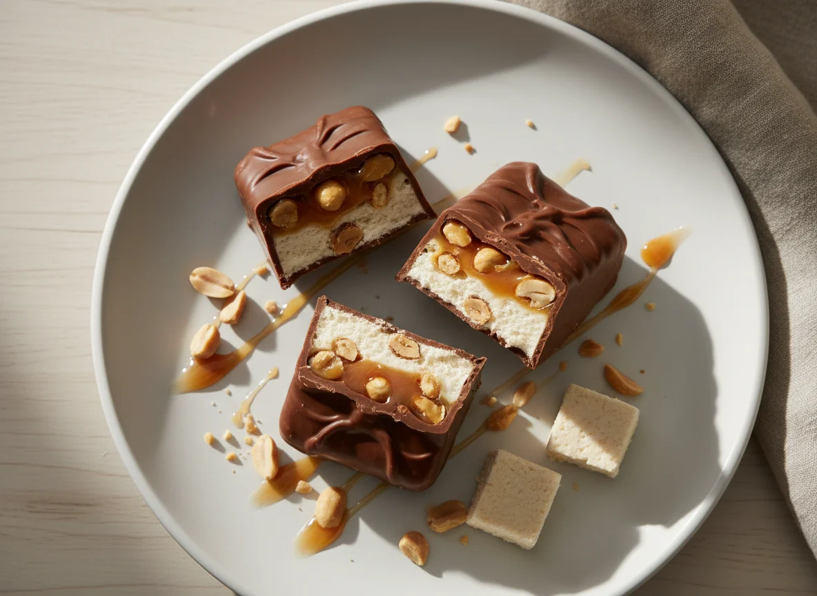 Шоколадный батончик с нугой, карамелью и арахисом photo