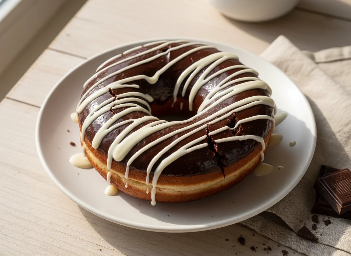 Шоколадный пончик с белой глазурью photo