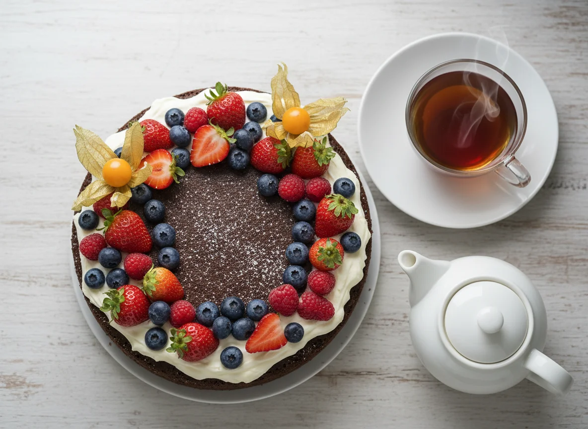 Шоколадный торт с ягодами и чай photo