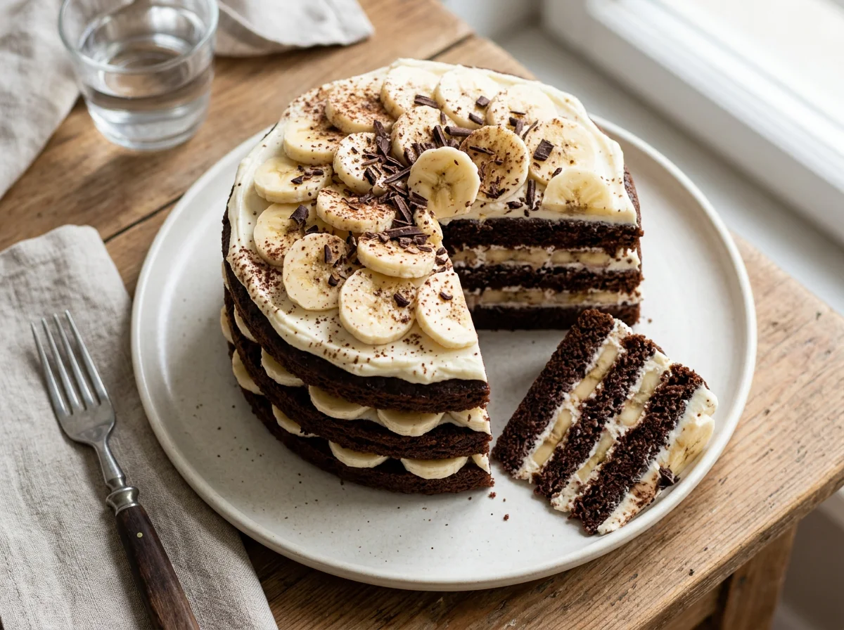 Шоколадный торт с бананами и кремом photo