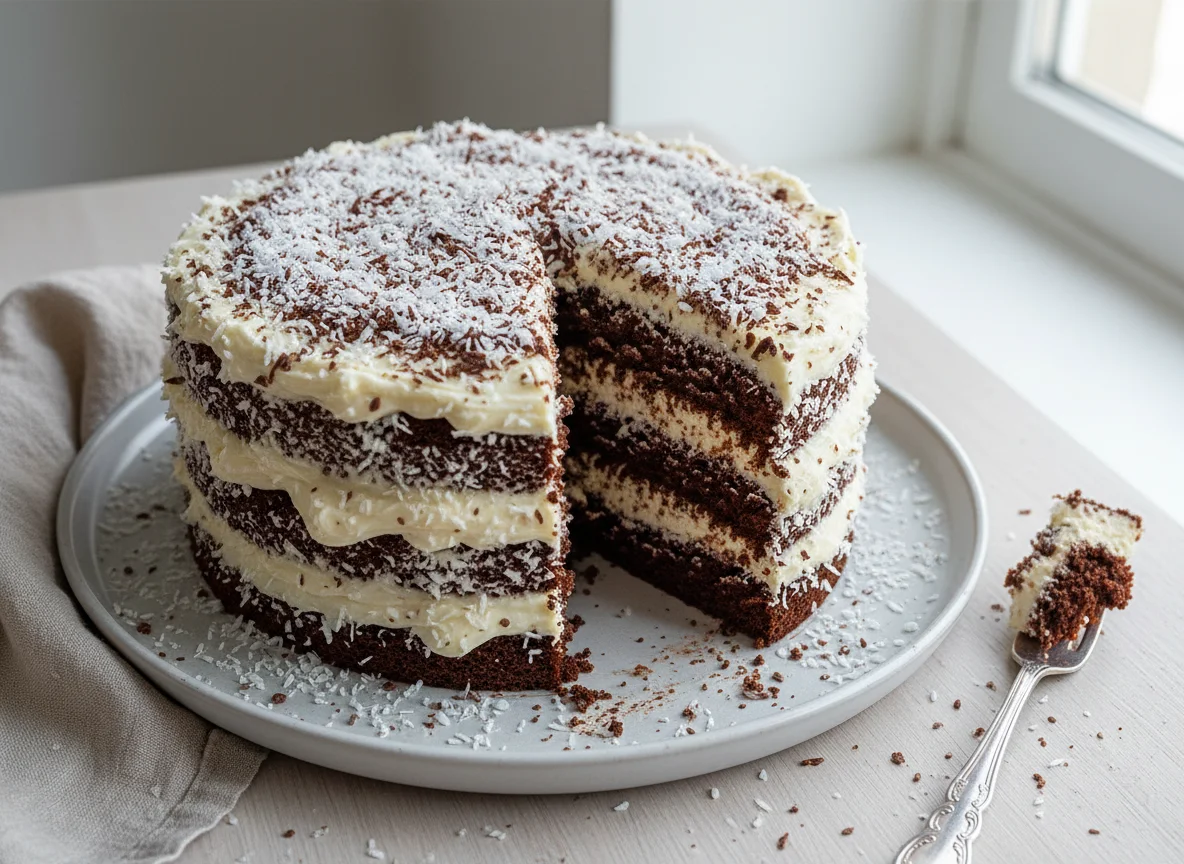 Шоколадный торт с кокосовой стружкой photo