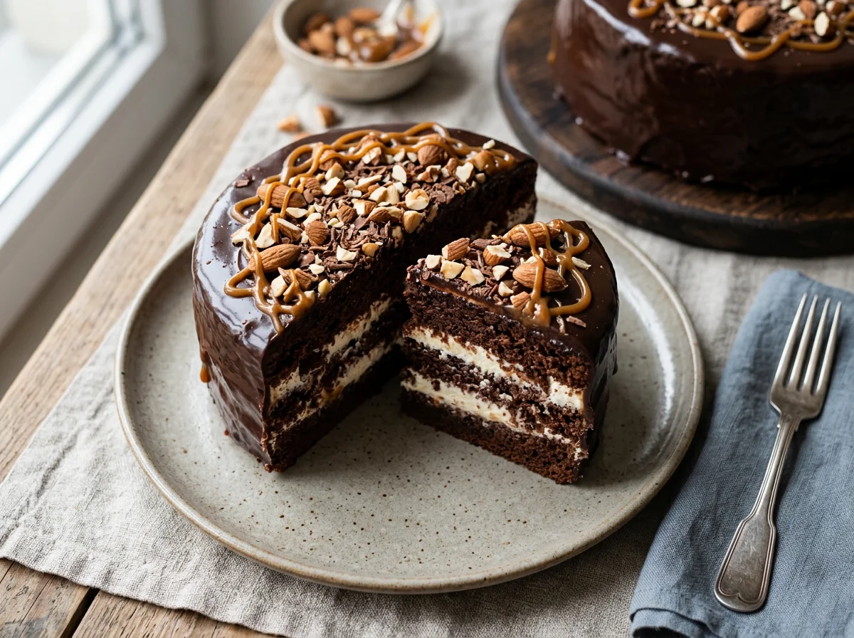 Шоколадный торт с кремом и орехами photo