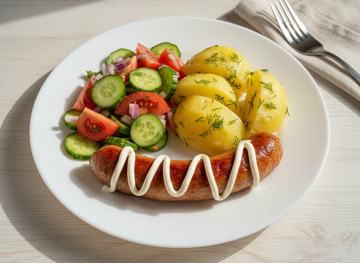 Сосиска с картофелем и овощным салатом photo