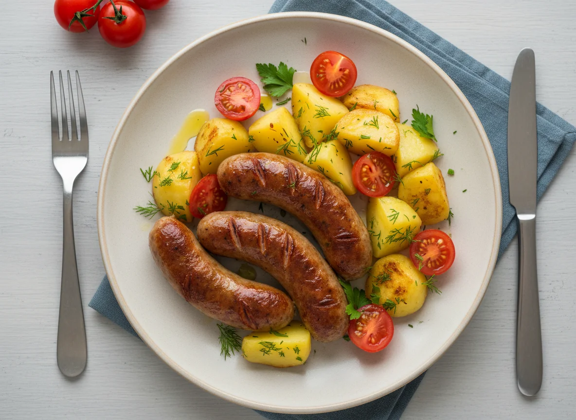 Сосиска с картофелем и помидорами photo
