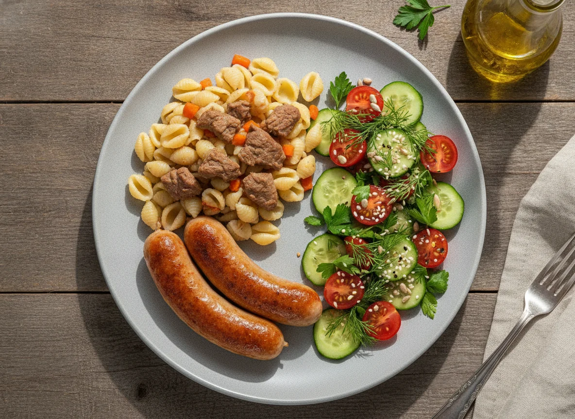 Сосиска с макаронами и овощным салатом photo