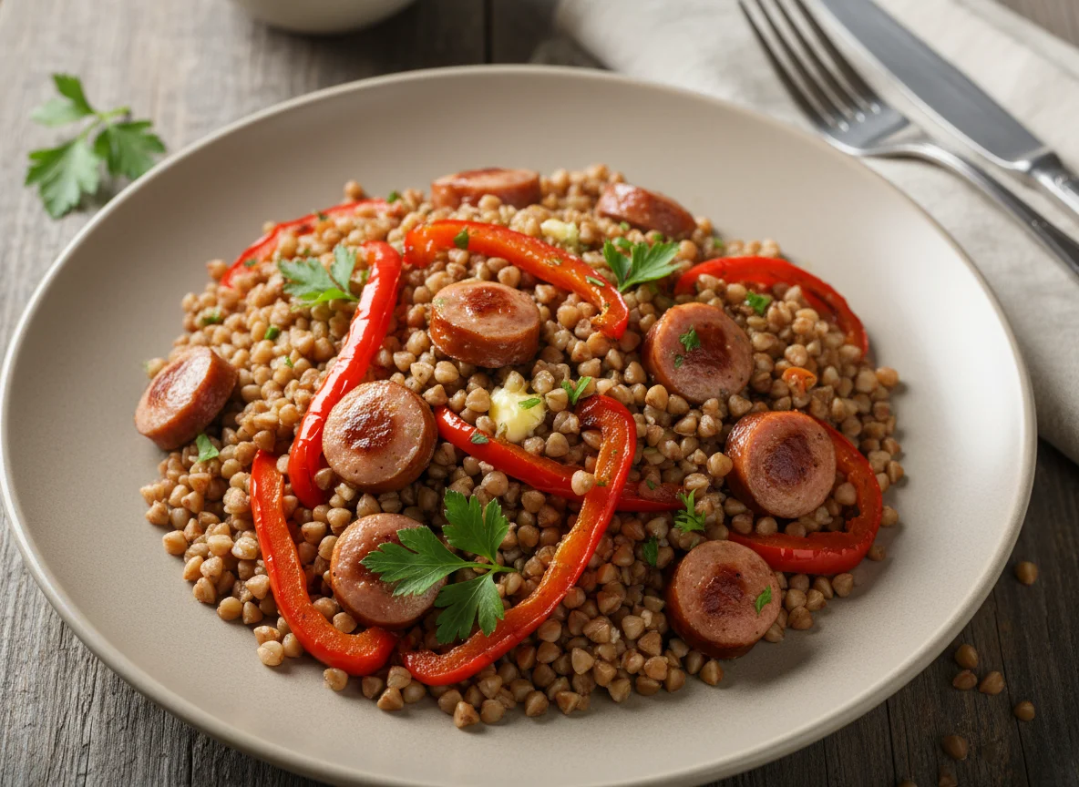 Сосиски с гречкой и перцем photo