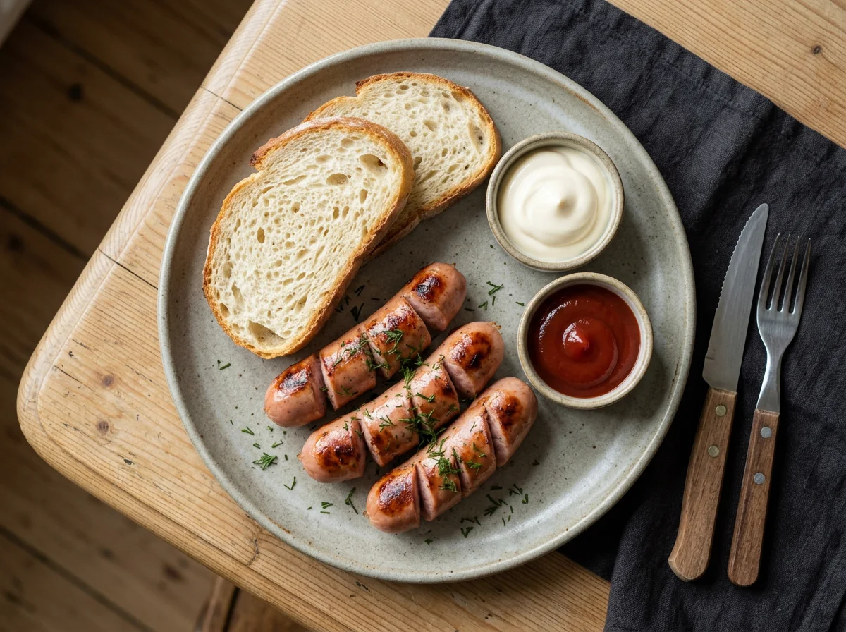 Сосиски с хлебом и соусами photo