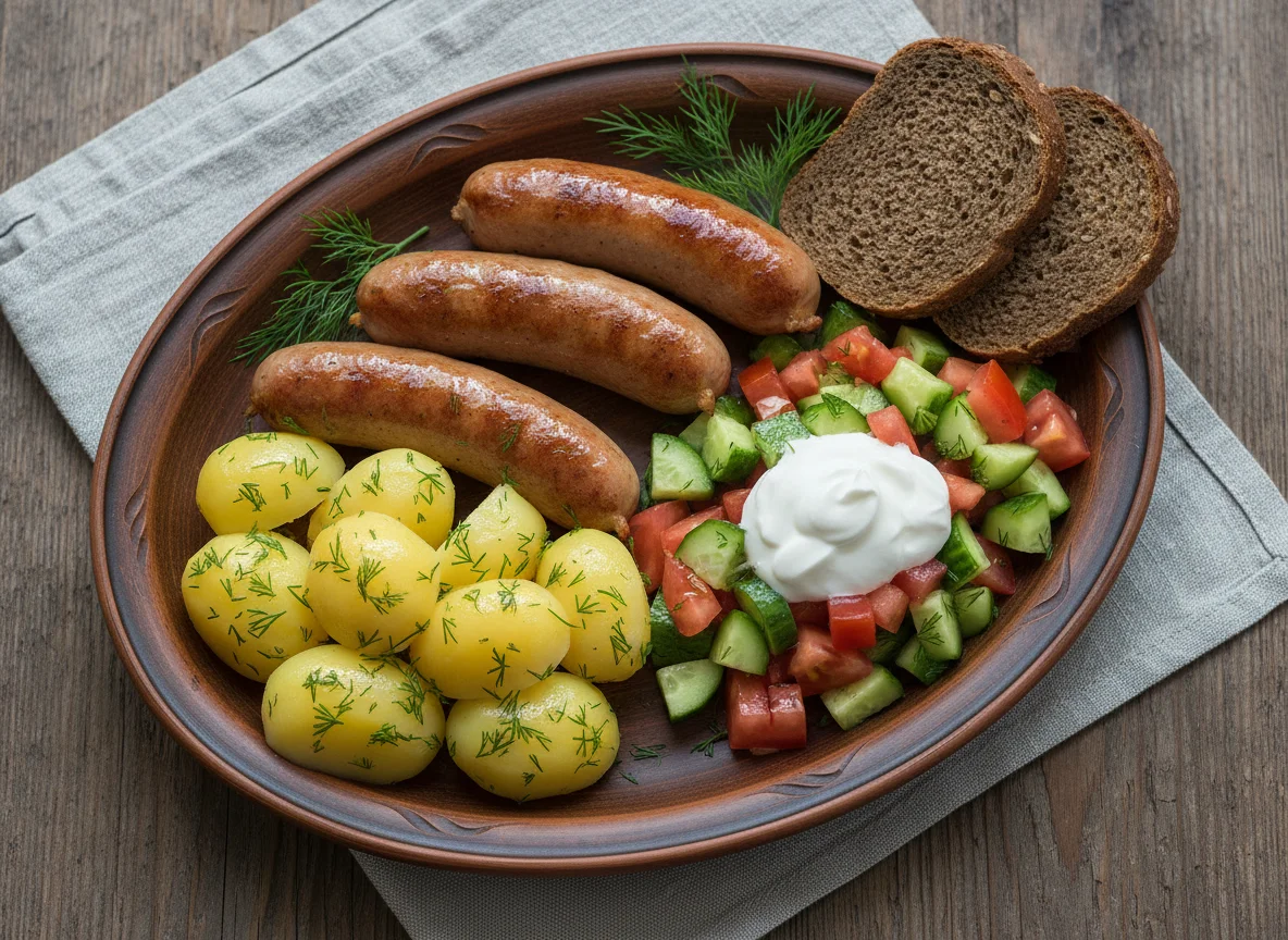 Сосиски с картофелем и овощным салатом photo