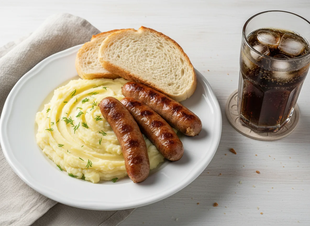 Сосиски с картофельным пюре, хлебом и колой без сахара photo