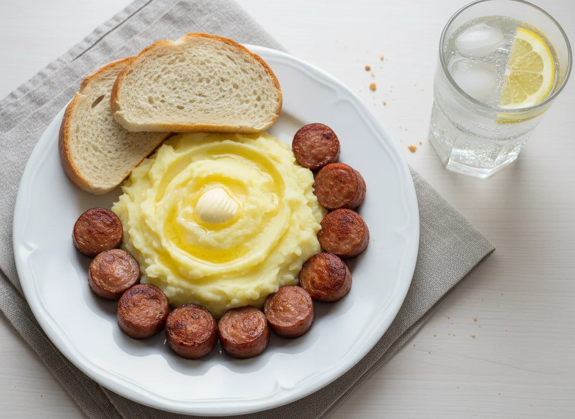 Сосиски с картофельным пюре и хлебом photo
