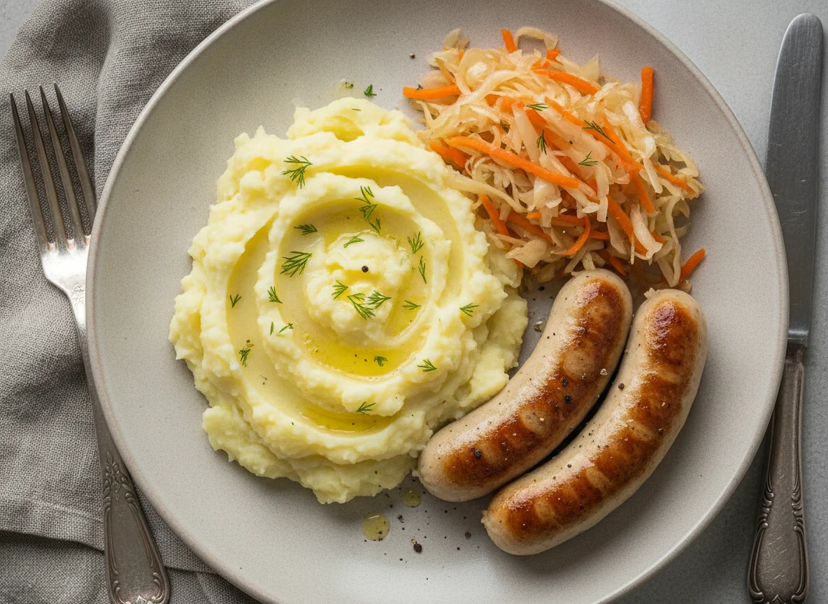 Сосиски с картофельным пюре и квашеной капустой photo