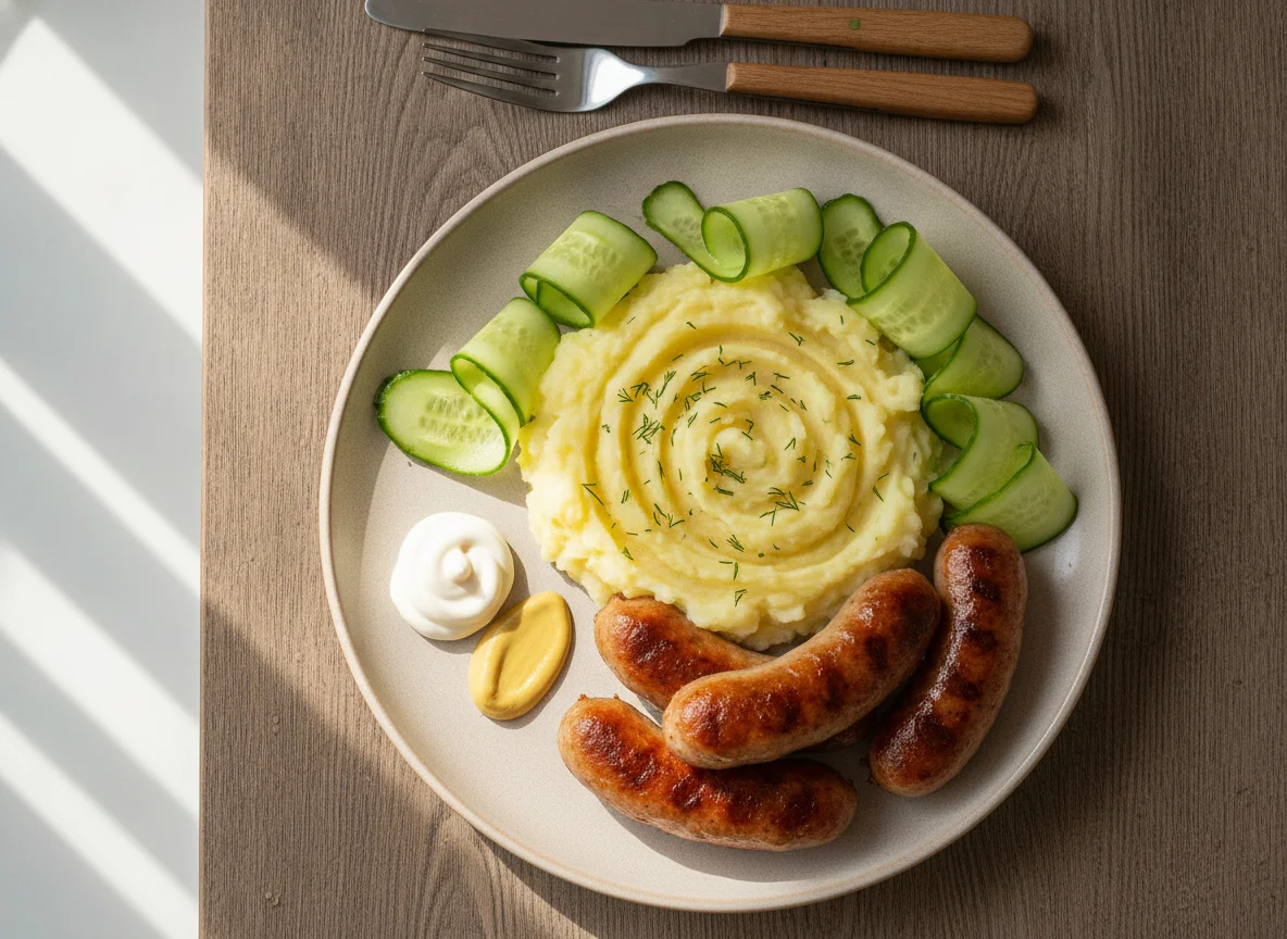 Сосиски с картофельным пюре и огурцом photo