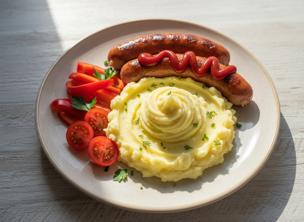 Сосиски с картофельным пюре и овощами photo