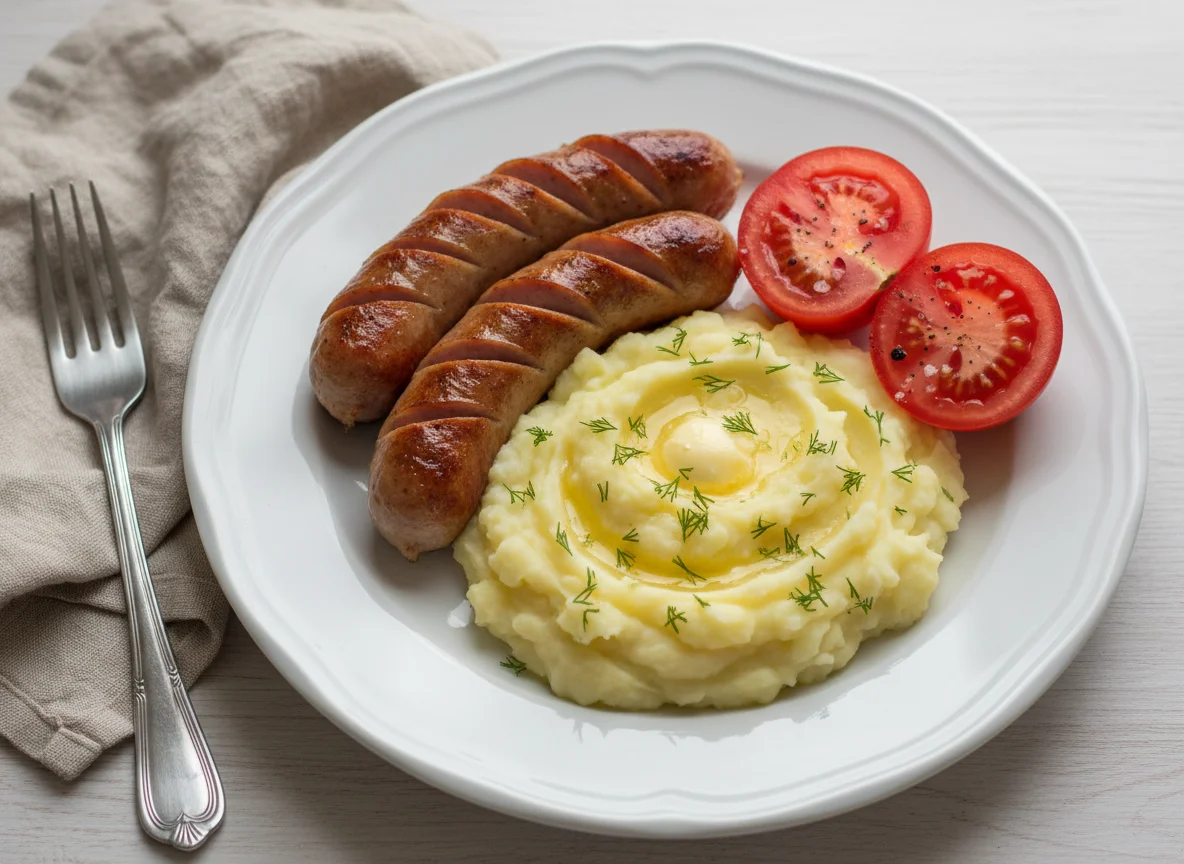 Сосиски с картофельным пюре и помидорами photo
