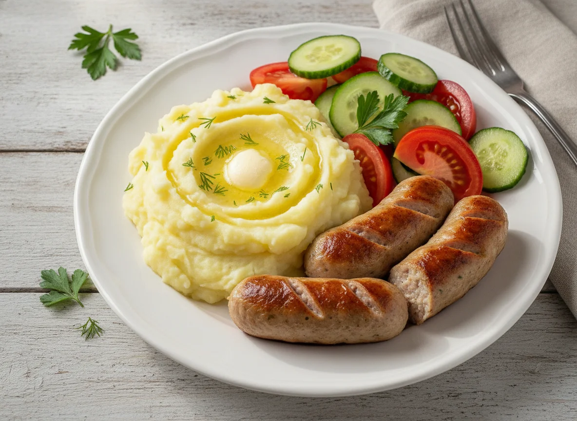 Сосиски с картофельным пюре и салатом photo