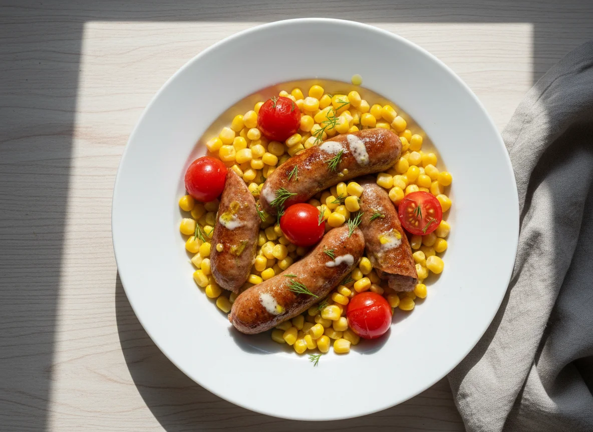 Сосиски с кукурузой и помидорами photo