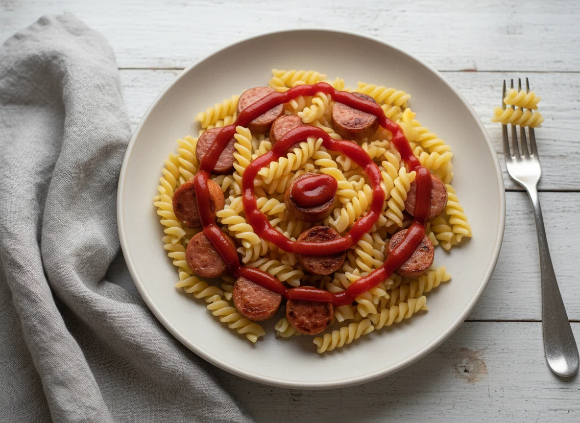 Сосиски с макаронами и кетчупом photo