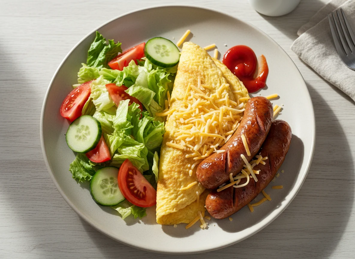 Сосиски с омлетом, сыром и овощным салатом photo