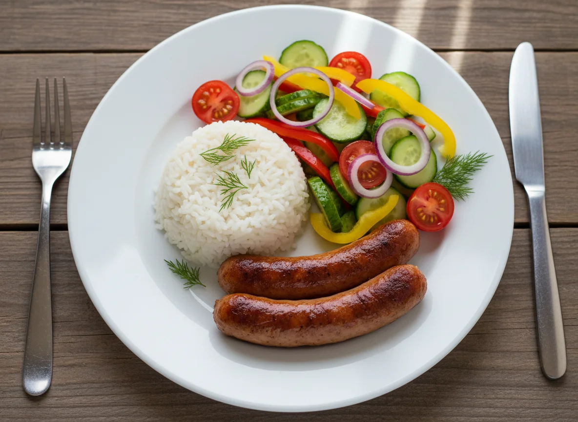 Сосиски с рисом и овощным салатом photo