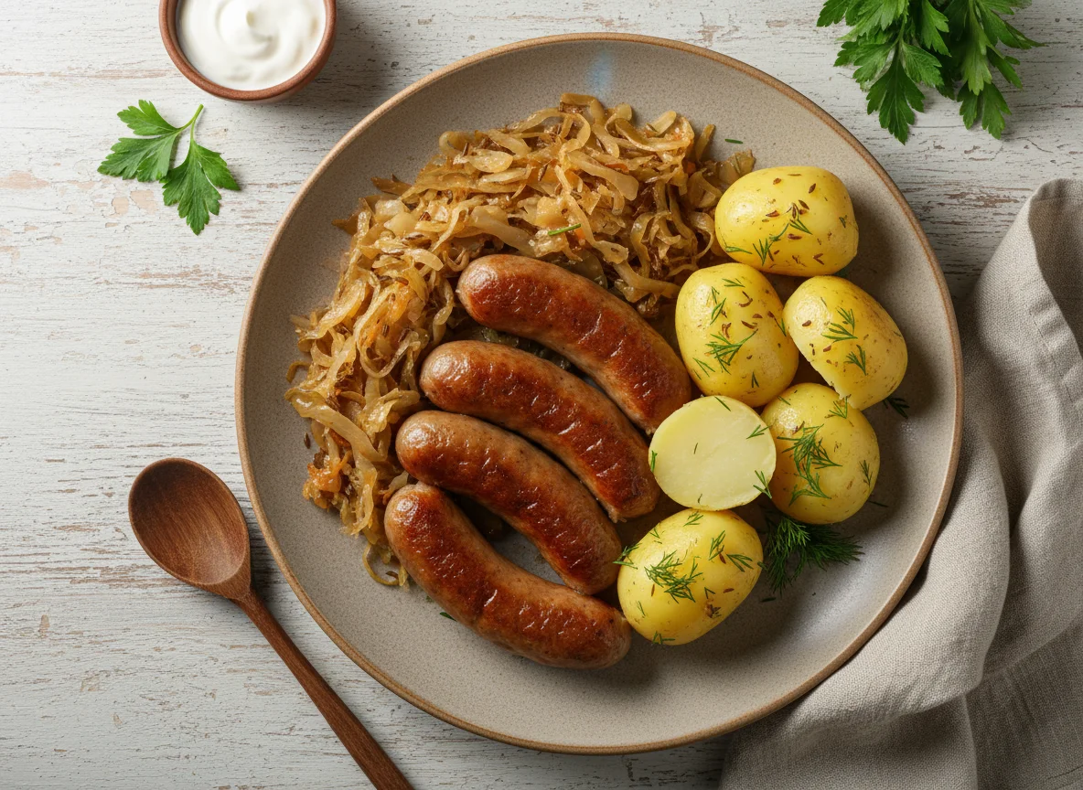Сосиски с тушеной капустой и картофелем photo