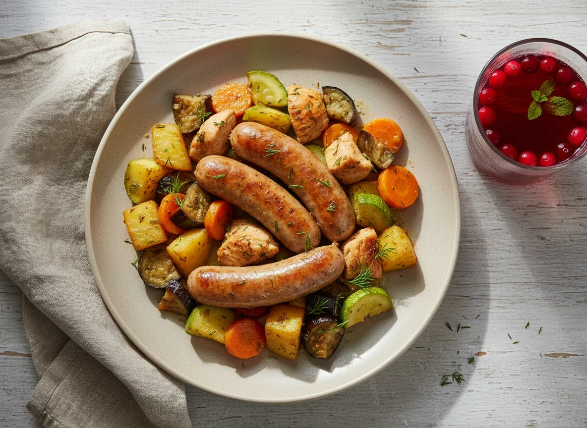 Сосиски с тушеными овощами и курицей photo