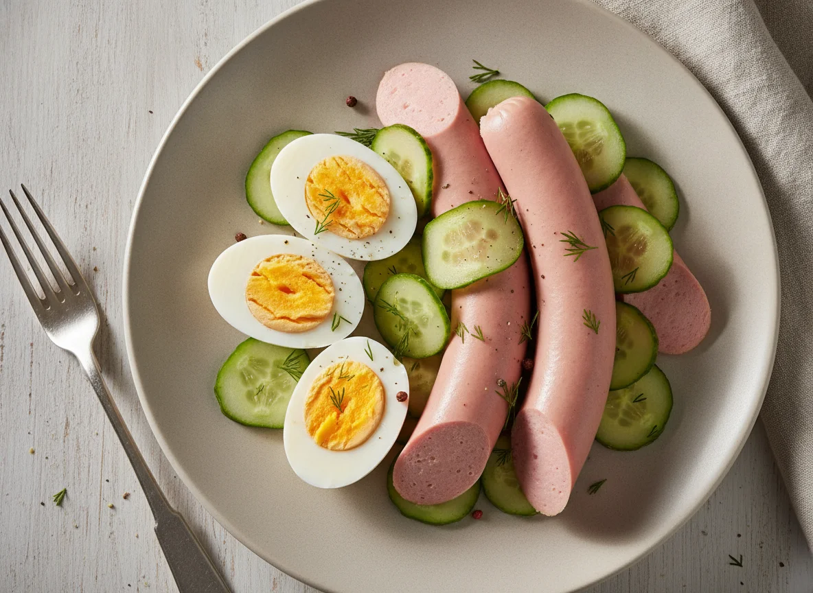 Сосиски с вареными яйцами и огурцом photo