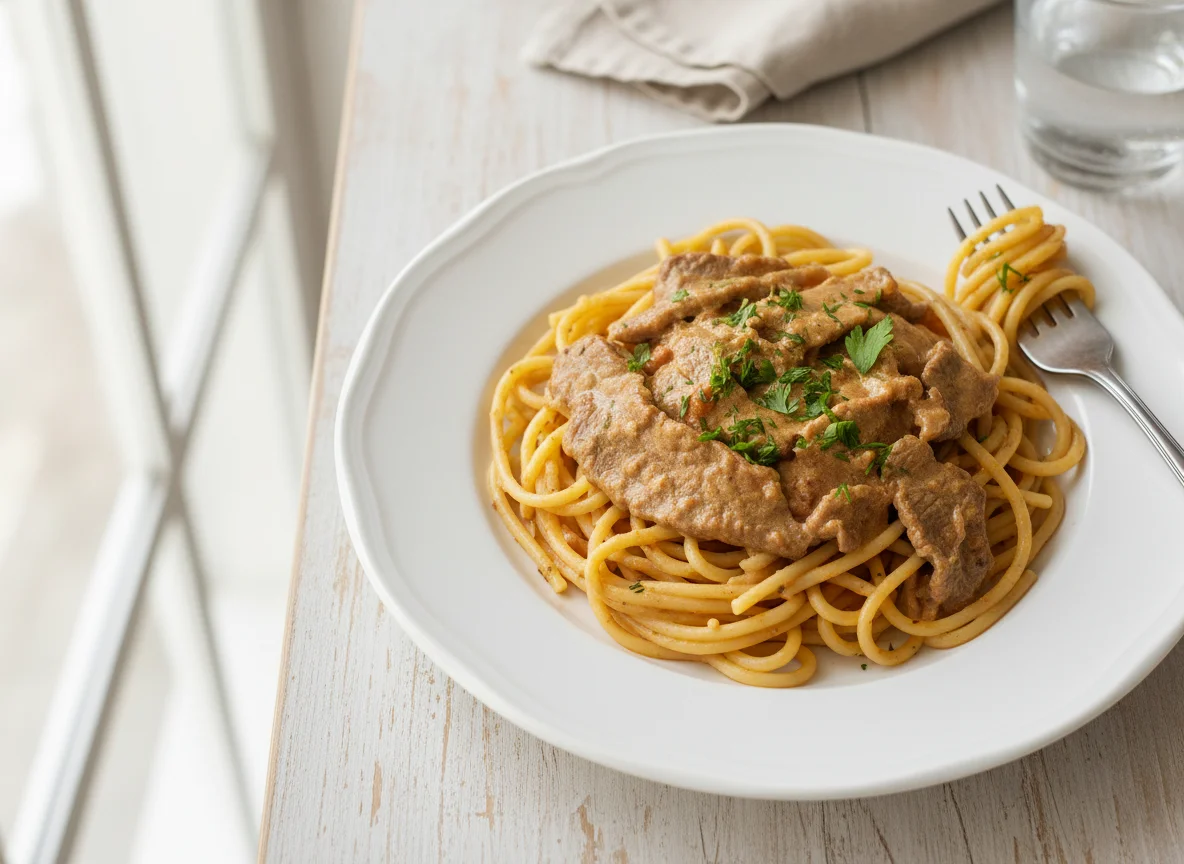 Спагетти с бефстрогановом photo