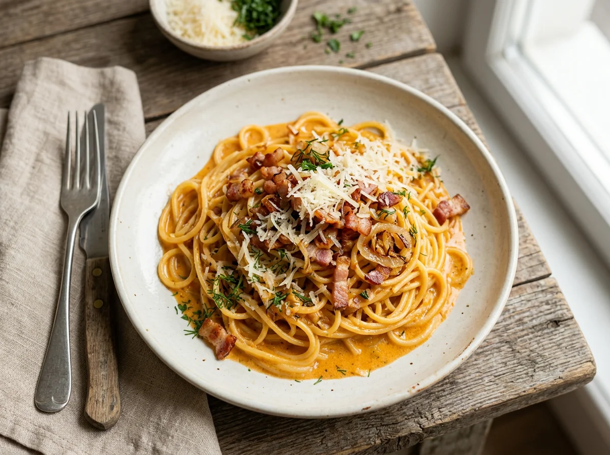 Спагетти с беконом и соусом photo