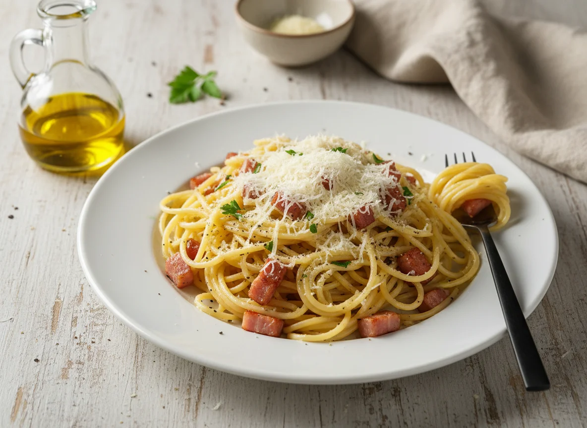 Спагетти с беконом и сыром photo