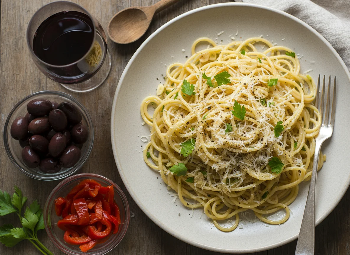 Спагетти с чесноком, маслом и пармезаном photo