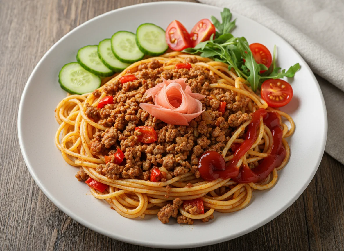 Спагетти с фаршем, овощами и соусом photo