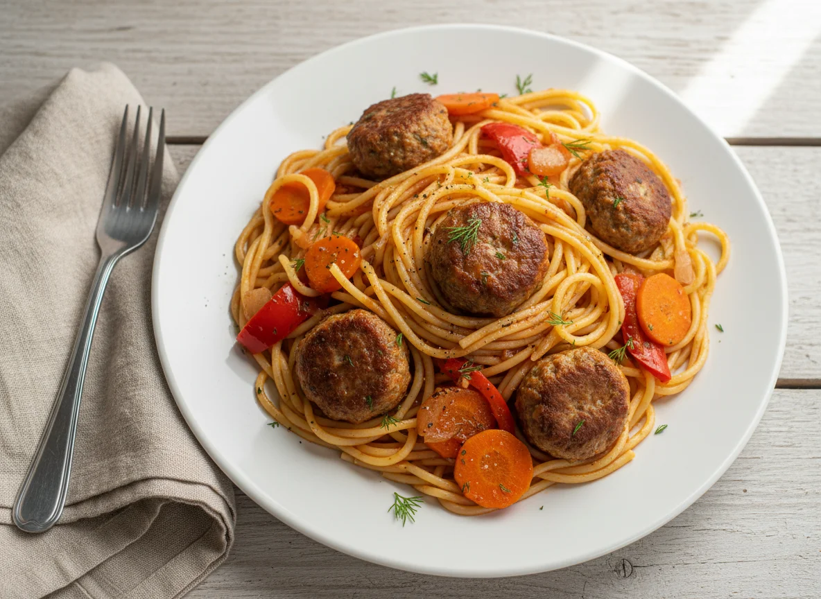 Спагетти с фрикадельками и овощами photo