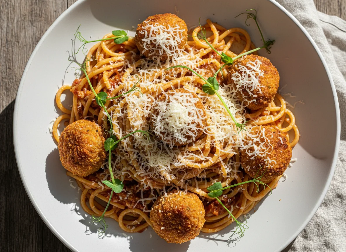 Спагетти с фрикадельками и сыром photo