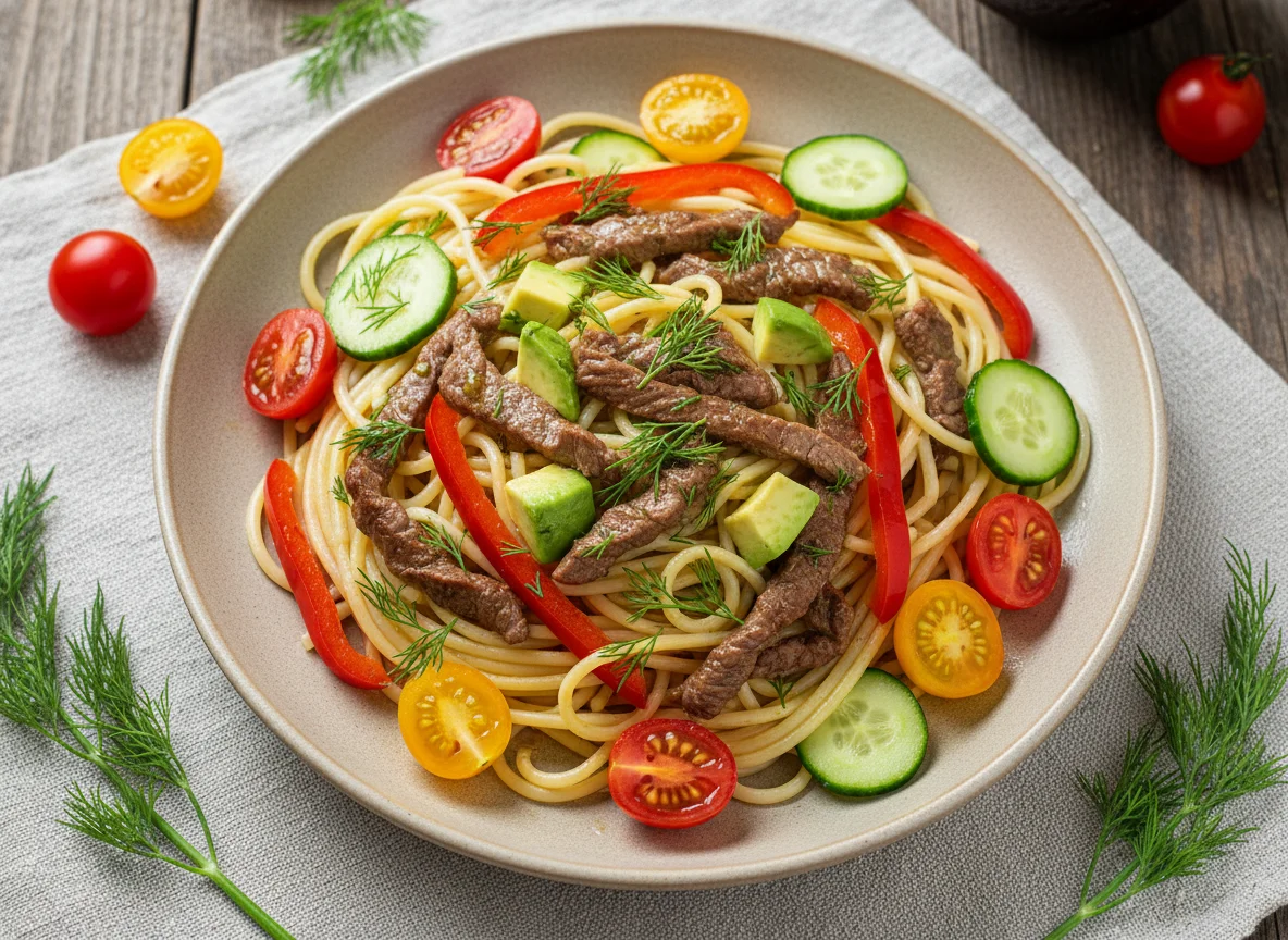 Спагетти с говядиной и овощами photo