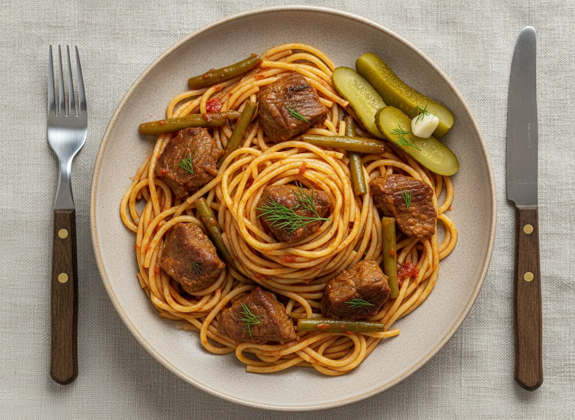 Спагетти с говядиной и стручковой фасолью photo