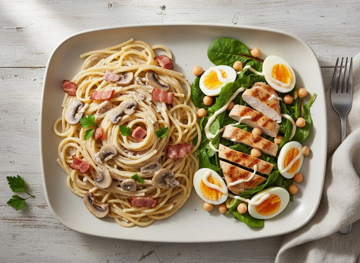 Спагетти с грибами и беконом и салат с курицей и нутом photo