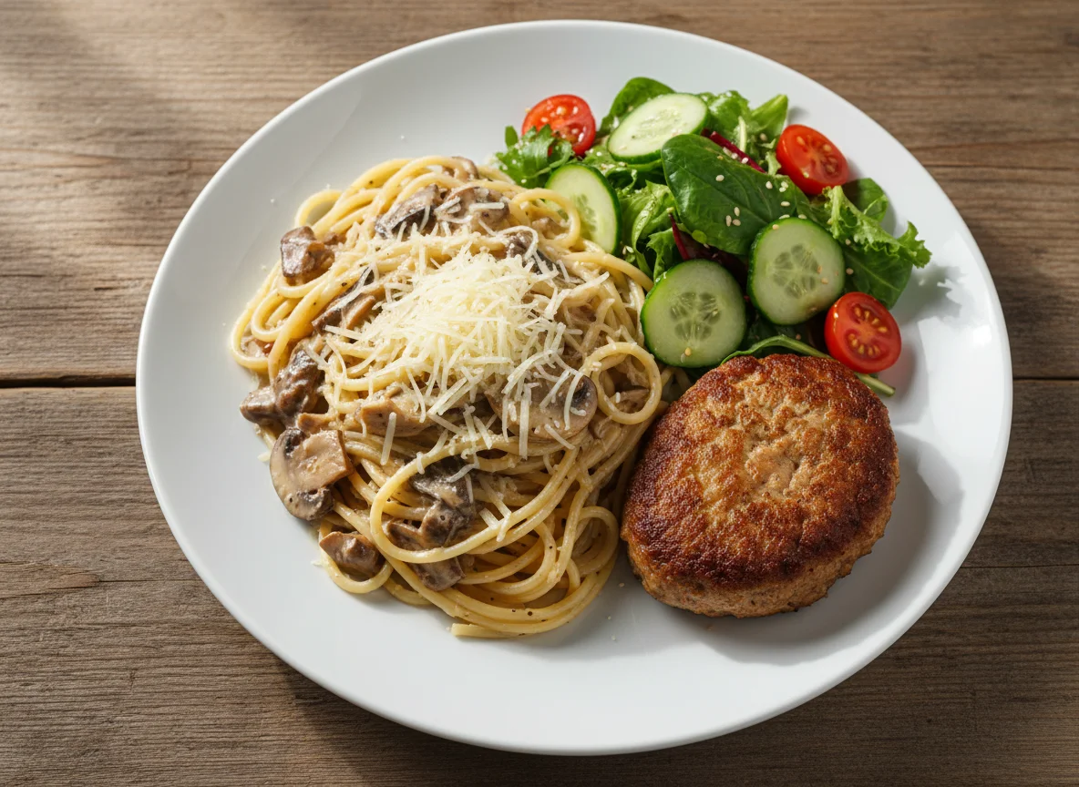 Спагетти с грибами и сыром, мясная котлета и салат photo