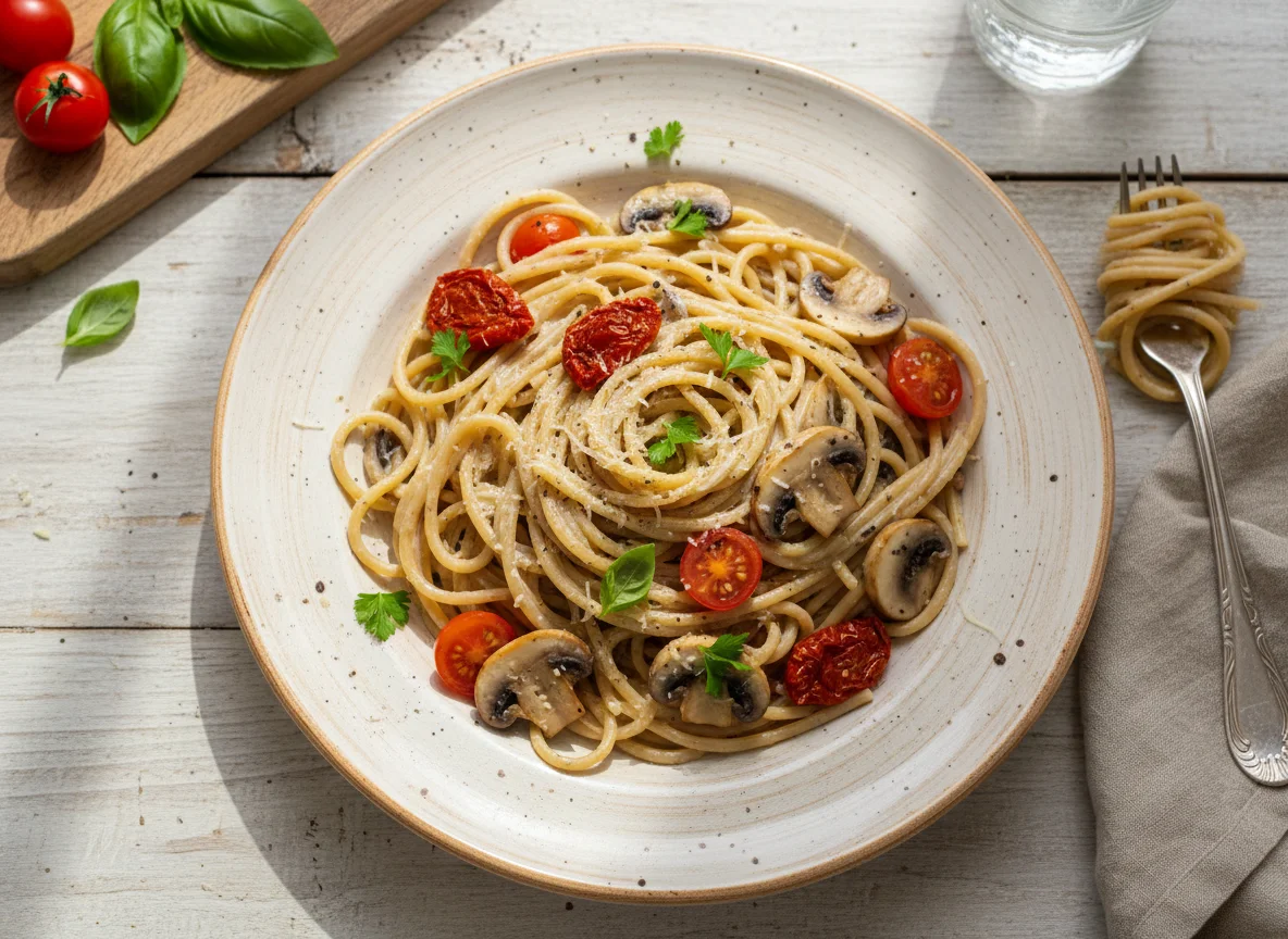 Спагетти с грибами, помидорами и сливочным соусом photo
