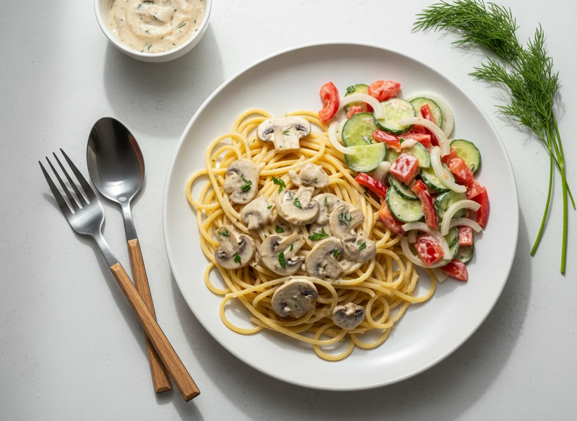 Спагетти с грибным соусом и овощным салатом photo