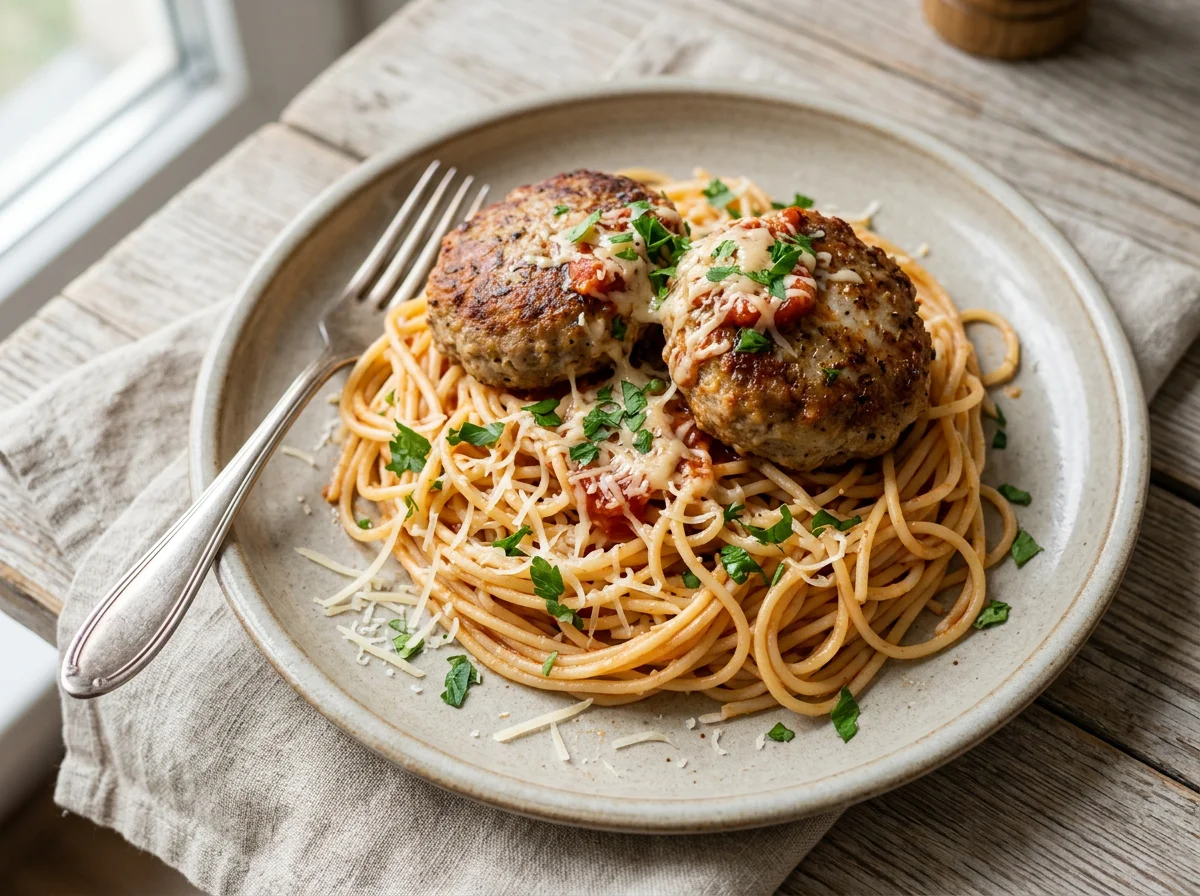 Спагетти с котлетами и сыром photo