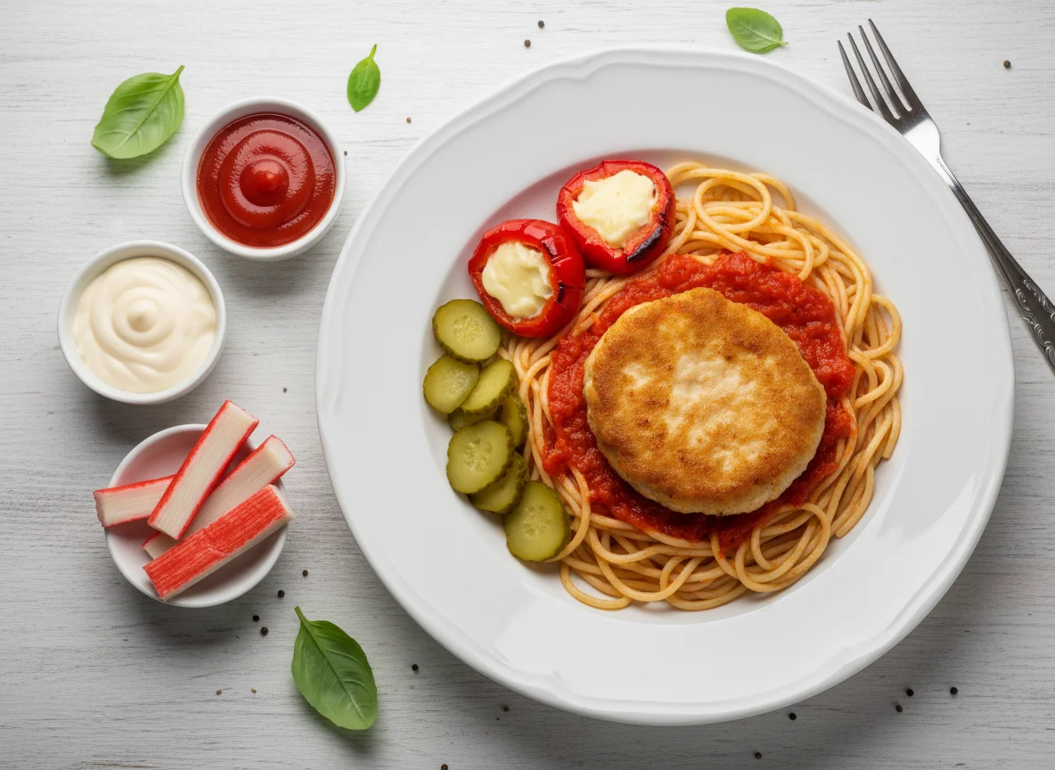 Спагетти с котлетой, перцем, соусами и закусками photo