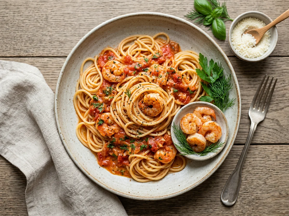 Спагетти с креветками в томатном соусе photo