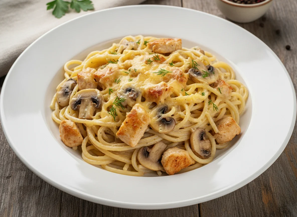 Спагетти с курицей, грибами и сыром photo