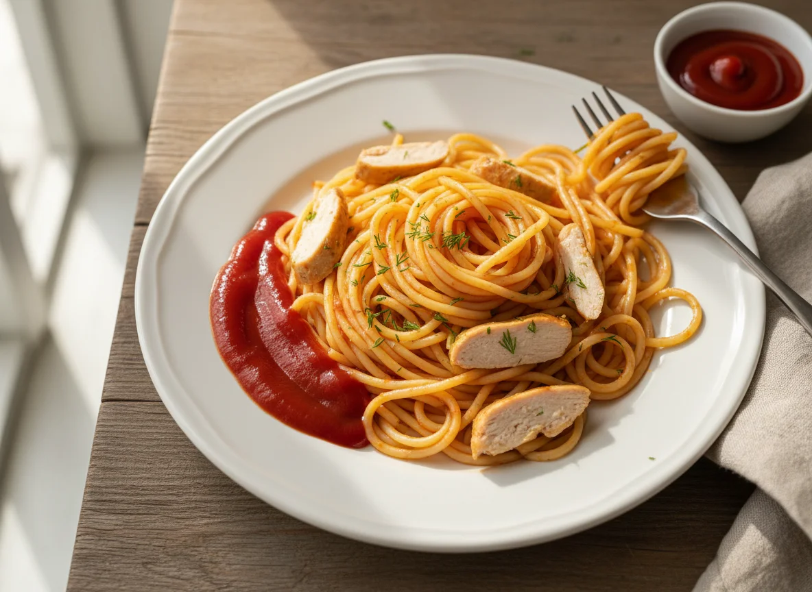 Спагетти с курицей и кетчупом photo