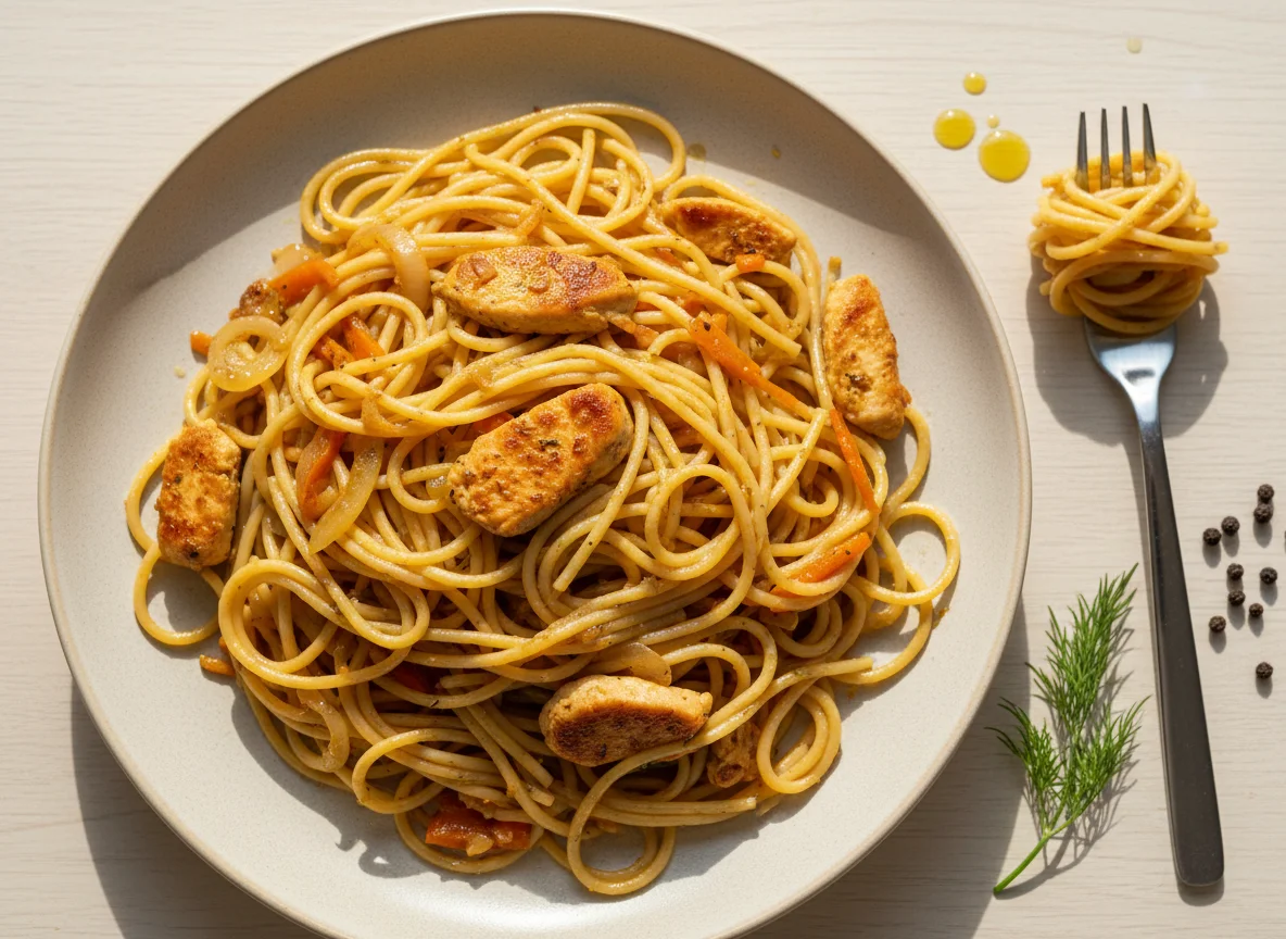 Спагетти с курицей и морковью photo