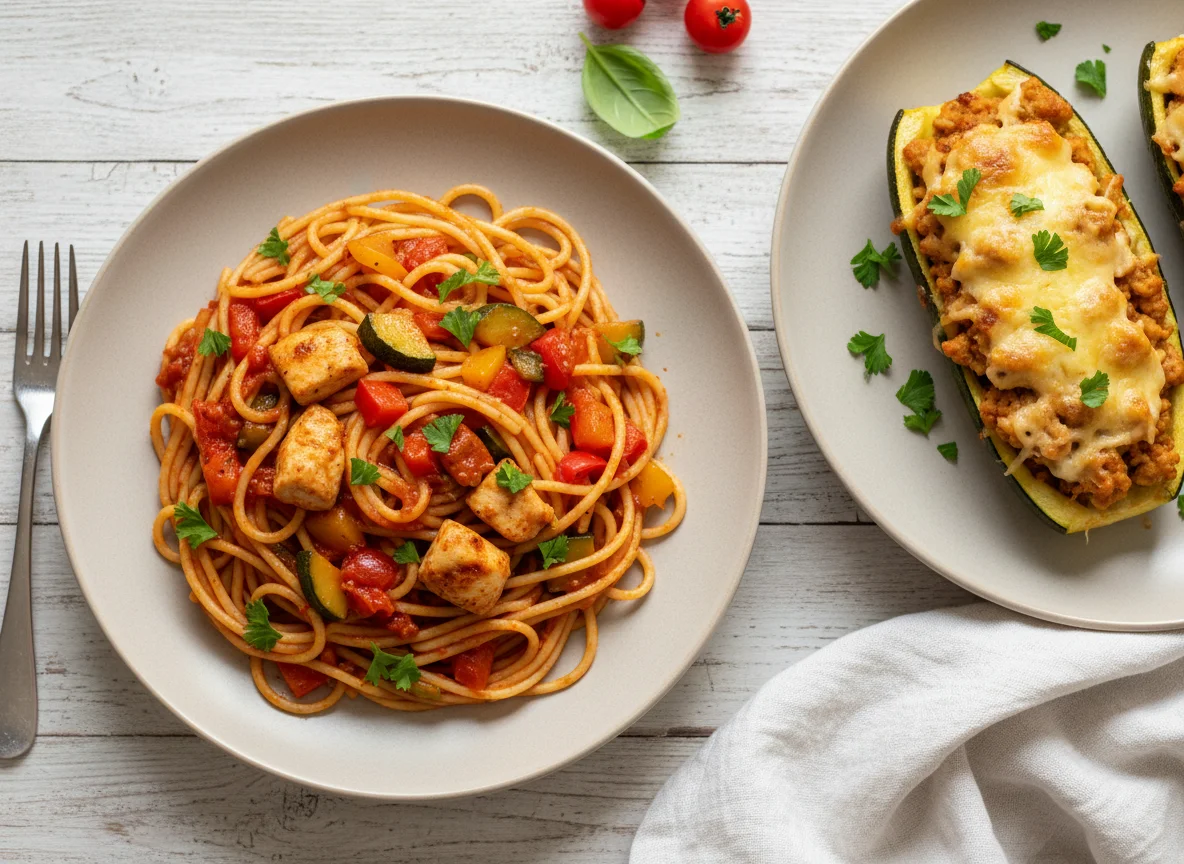 Спагетти с курицей и овощами и фаршированный кабачок photo