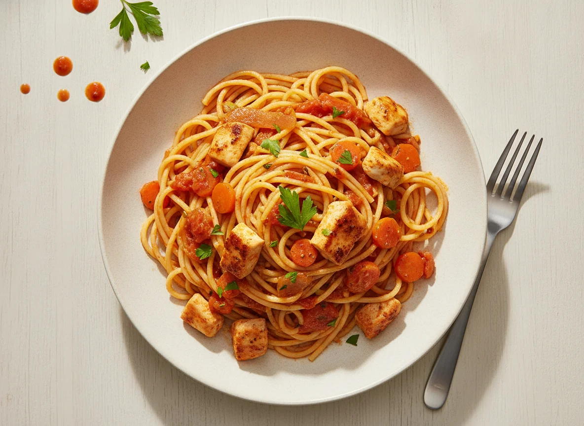 Спагетти с курицей и овощами в томатном соусе photo
