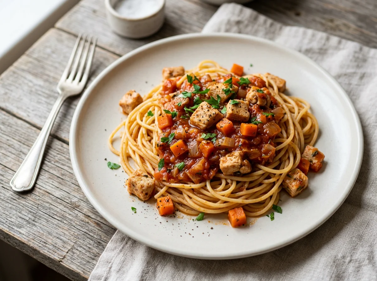 Спагетти с курицей и овощным соусом photo