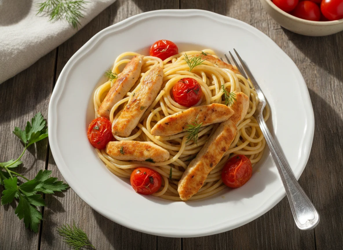 Спагетти с курицей и томатами photo
